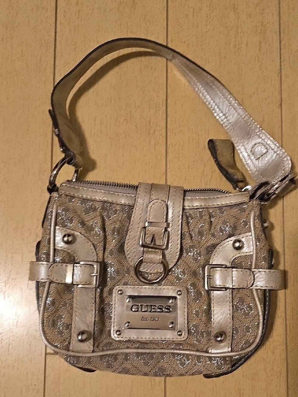 GUESS Metallic Silver-Taupe Logo Shoulder Bag